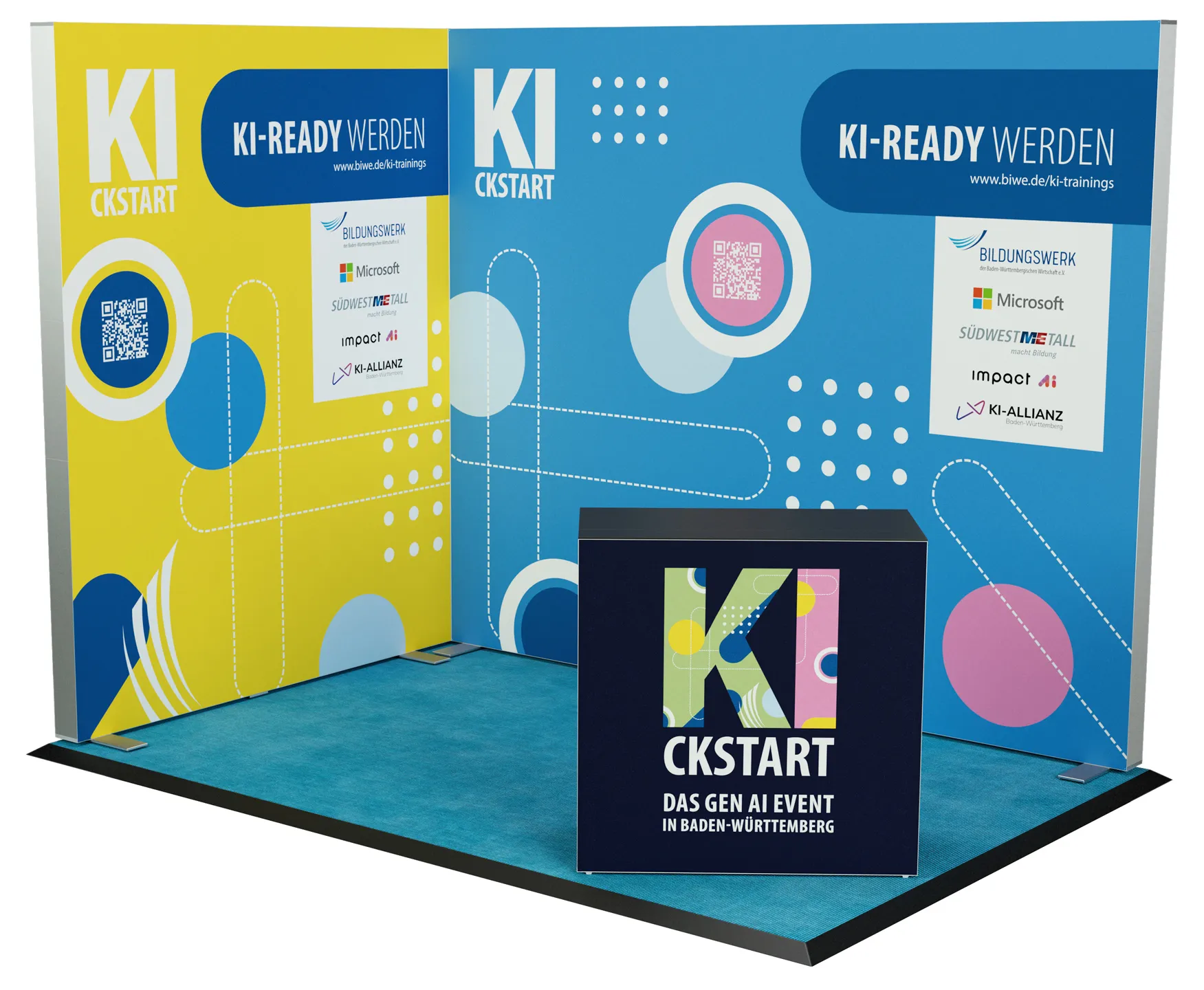 KI-READY Event-Stand mit Logos und Grafiken.
