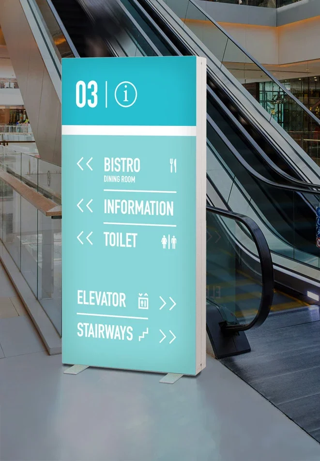 Wegweiser zu Bistro, Informationen, Toilette, Aufzug, Treppe.