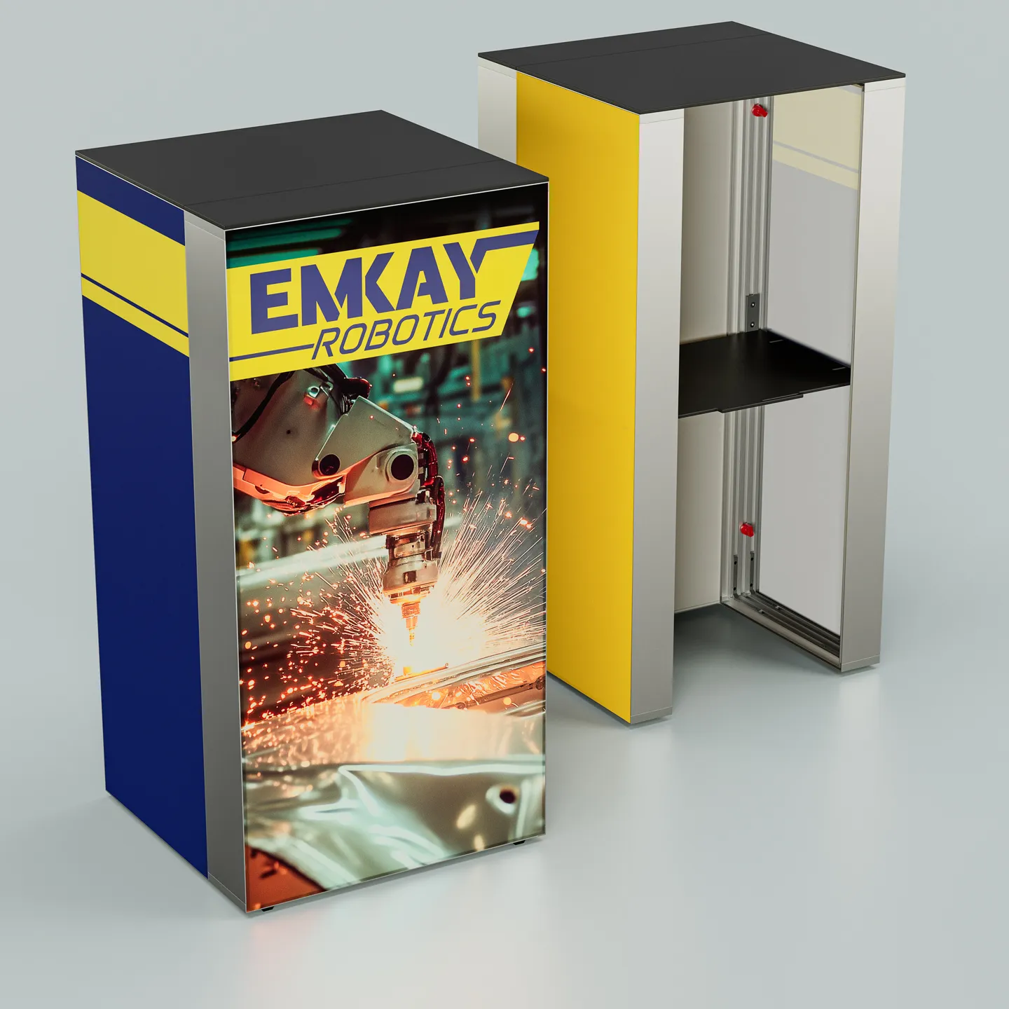 Roboter schneidet Metall mit Funken.