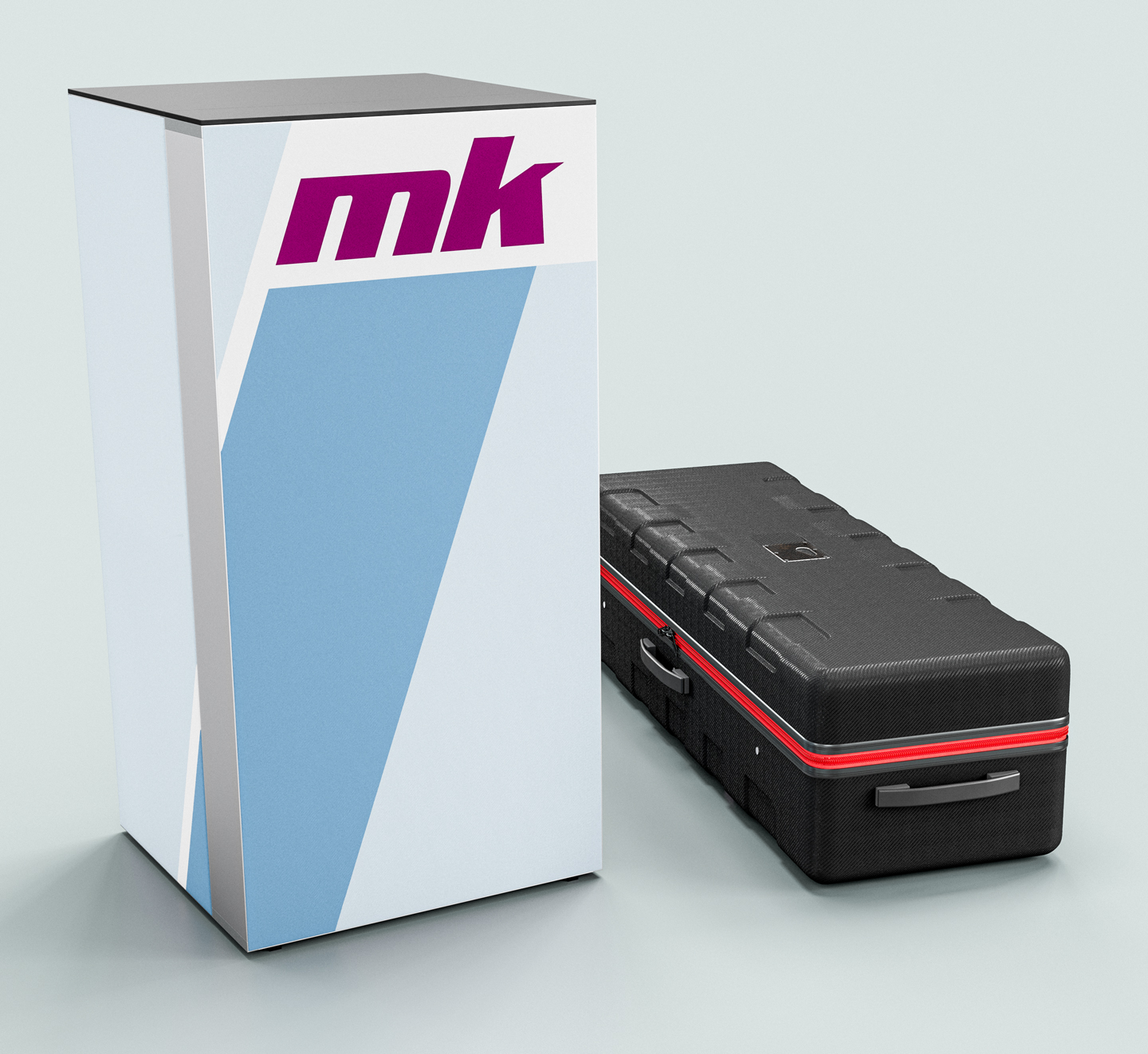 Transportkoffer und weißer Displayständer mit Logo