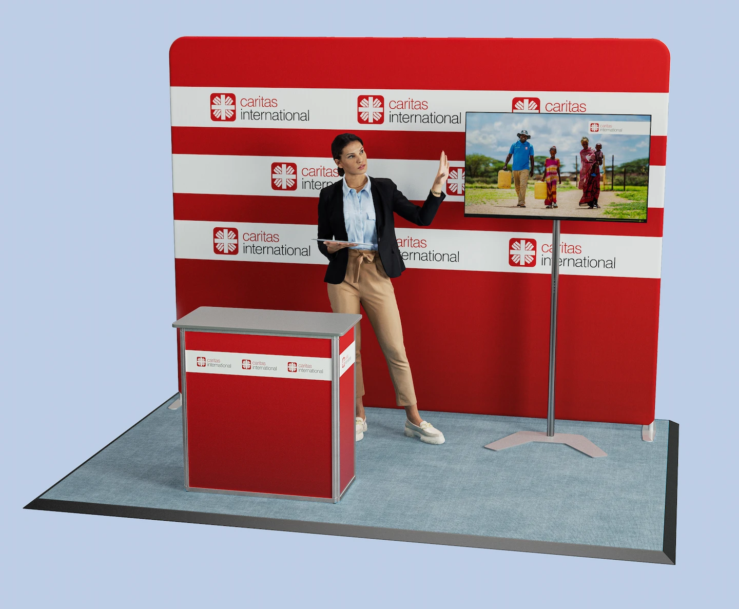 Caritas-Informationsstand mit Präsentation