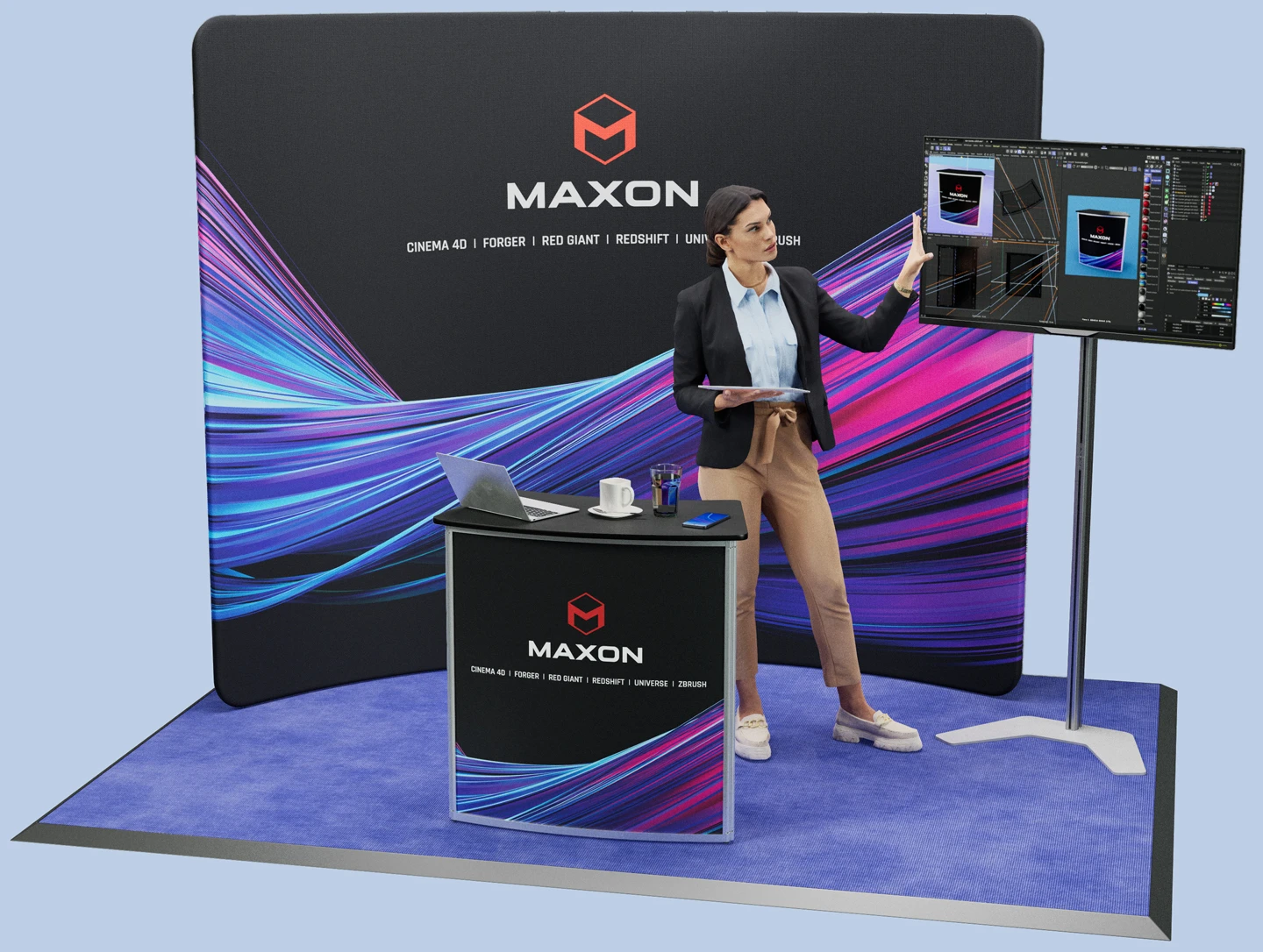 Messestand mit Frau und Laptop