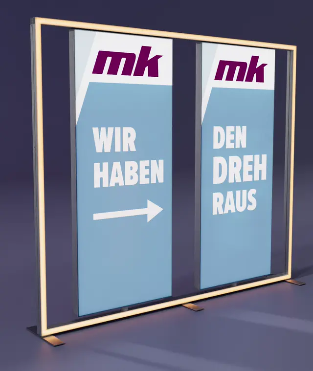 Beleuchteter MK-Werbeaufsteller mit drehbaren Schildern für Messen und Events.