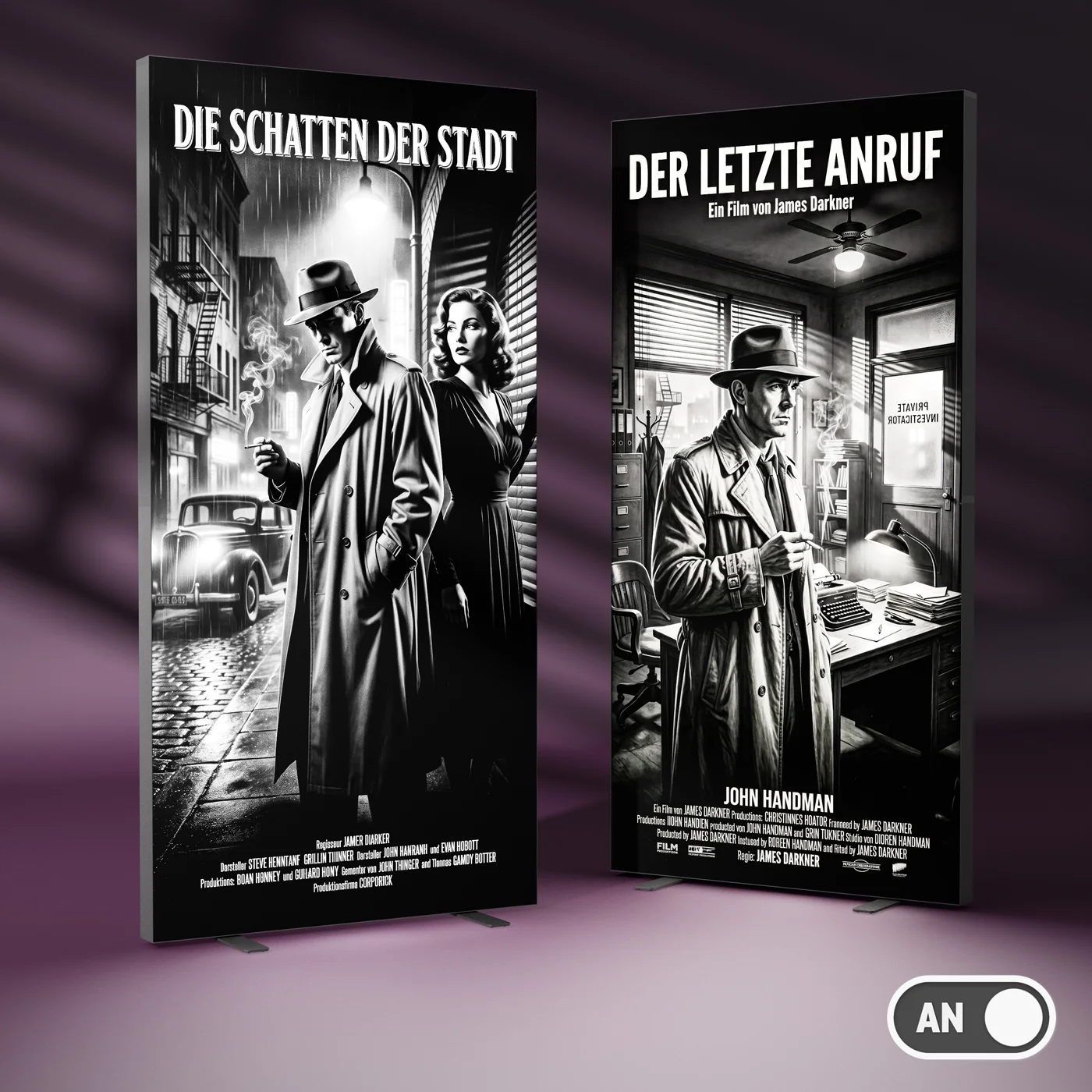 Zwei schwarz-weiße Film-Noir-Filmplakate auf Displays.